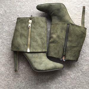 Army green booties with gold zipper, size 7.5
